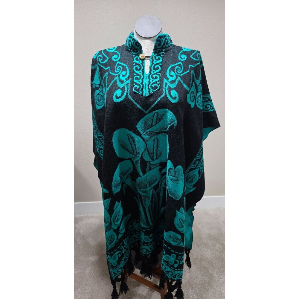 Vintage Mexican Poncho Black & Teal Floral Embroidered Wool Blend One Size Fits
